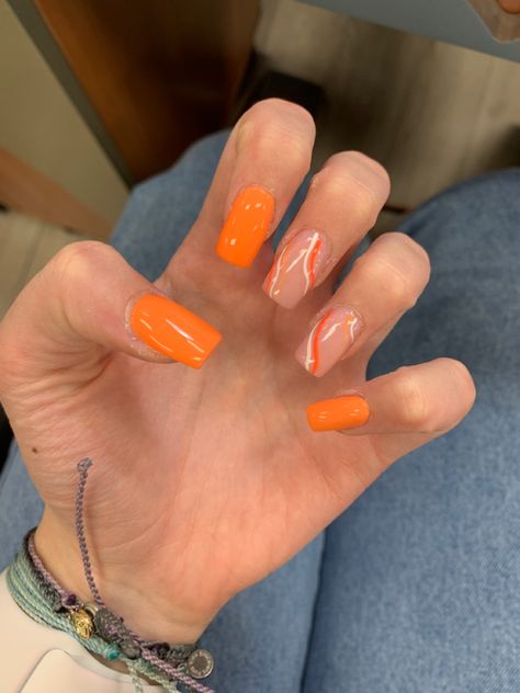 Orange Nails Summer Design, Orange Biab Nail Designs, Orange Summer Nails Square, Simple Nails Orange, Orange Hoco Nails, Nails For Orange Dress, Mexico Nails, Country Acrylic Nails, Sns Nails Designs