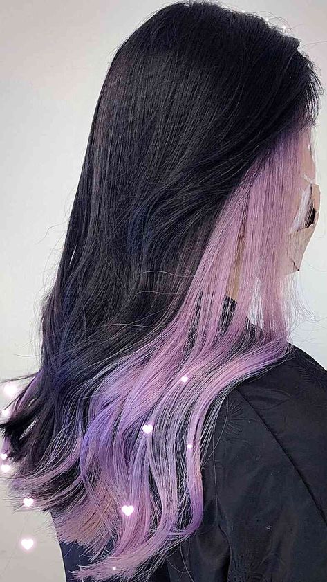 Black Hair With Lavender Streaks, Lavender Streaks In Black Hair, One Streak Of Color In Hair Black, Lavender Black Hair, Black Lavender Hair, Black And Dyed Hair, Lavender Hair Underneath, Haircolor Ideas 2020, Hair Dye Ideas Black Hair