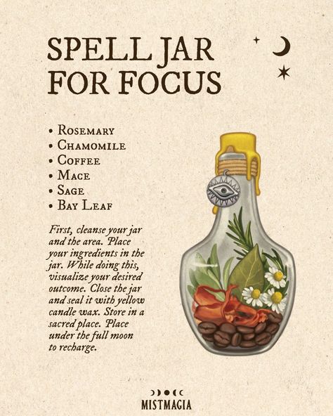 Focus Spell Jar, Focus Spell, Wicca Recipes, Better Memory, Potions Recipes, Witchcraft Spells For Beginners, Witch Tips, Good Luck Spells, Witch Rituals