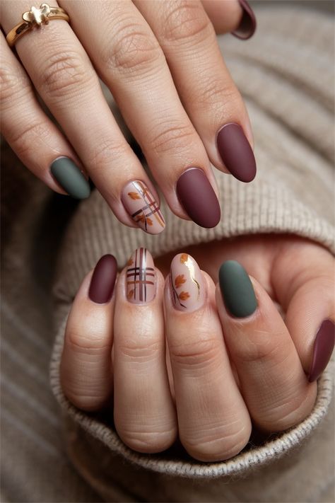 Embrace the warmth of autumn with these charming short nail ideas that capture the essence of Fall! Imagine deep burgundy hues paired with delicate gold accents, or a rich forest green showcasing subtle leaf patterns. These designs are not only trendy but perfect for those who love a minimalist look. Elevate your style with festive colors that reflect the beauty of the season. Perfect for any occasion! Brown And Green Fall Nails, Fall Mismatched Nails, Fall Nail Inspo Short Square, Burgundy And Green Nails, Green And Red Nail Designs, Cute Birthday Nails Short, Camping Nails Designs, Fall Bridesmaid Nails, Rustic Nail Designs