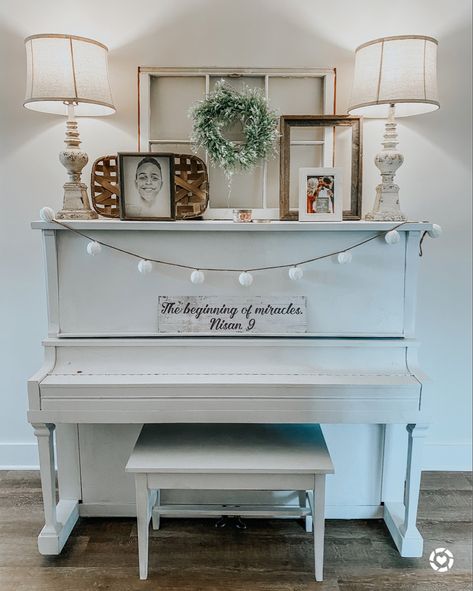 Farmhouse Piano Decor, Decorate A Piano Top, Old Piano Decor, Tv Over Piano, Farmhouse Piano, Piano Vignette, Spring Piano Decor, Antique Piano Repurposed, Piano Styling