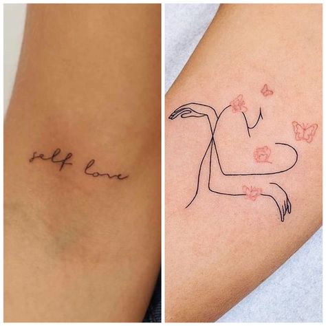 Self Hug Heart Tattoo, Hugging Heart Tattoo, Girl Hugging Herself Tattoo, Front Shoulder Tattoos For Women, Delicate Sternum Tattoo, Cabelo Plus Size, Front Shoulder Tattoos, Belly Tattoos, Self Love Tattoo