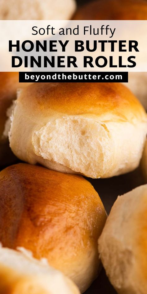 These soft and fluffy Honey Butter Dinner Rolls are a delicious way to complete your Thanksgiving feast! They're made with 7 simple ingredients, all of which are probably already in your pantry! Find the full recipe over on BeyondtheButter.com! Butter Dinner Rolls, Thanksgiving Dinner Rolls, Bread Snacks Recipe, Homemade Honey Butter, Homemade Yogurt Recipes, Thanksgiving Rolls, Rustic Wreaths, Best Homemade Bread Recipe, Homemade Biscuits Recipe