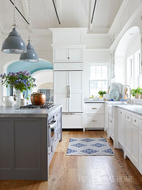 Gather: Gift Ideas for Father’s Day White Definition, Coastal Inspired Kitchens, Ceiling Cabinets, Top Cabinets, Villa Am Meer, Coastal Style Kitchen, Tall Cabinets, Beach Style Kitchen, Board Ceiling