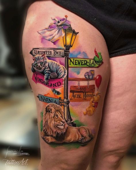 Narnia Tattoo Ideas, Narnia Tattoo, Wall E Movie, Disney Sleeve Tattoos, Plot Lines, Wonderland Tattoo, Leg Tattoos Women, Disney Tattoo, Dope Tattoos For Women