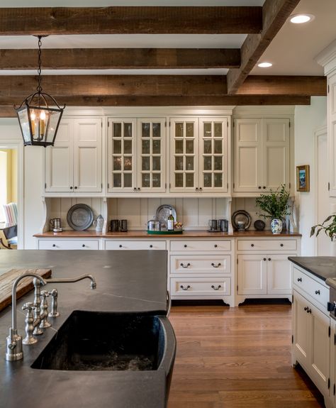 Wood Beams In Kitchen, Beam In Kitchen, Soapstone Sink, Dapur Rustic, Period Architecture, Beamed Ceilings, Model Dapur, Colonial Kitchen, Kabinet Dapur