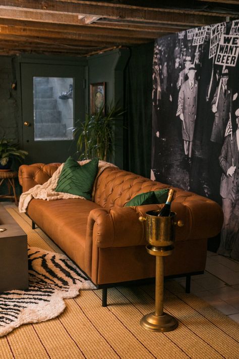 A Sophisticated + Moody Deco Lounge - THE REVEAL » Jessica Brigham Sophisticated Lounge Room, Dark Moody Whiskey Room, Club Lounge Decor, Smokers Lounge Room, Gentleman’s Lounge Decor, Moody Lounge Room Ideas, Dark Moody Basement Ideas, Speakeasy Living Room, Speak Easy Basement Ideas