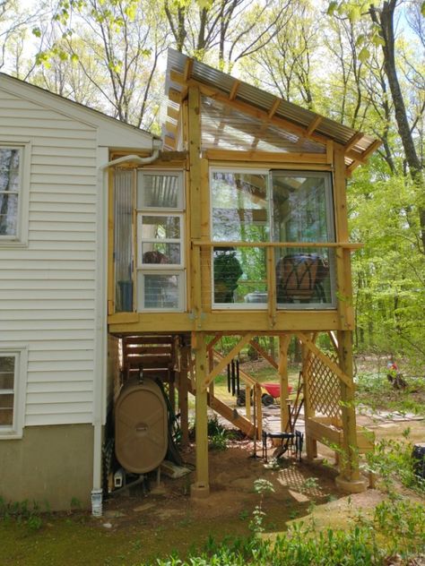 Goals were maximize light, Sliding glass doors, and wanted to be like a 4 season, so doors to open for circulation with bug screens, also hearing rain on roof.. tin roof with some clear panels.. also see the frame from ground to roof, relocating the Gutter downpipe, Raised Porch, Roofing Diy, Deck Projects, Tin Roof, Diy Deck, Wood Deck, Wood Diy, Roof, Tin