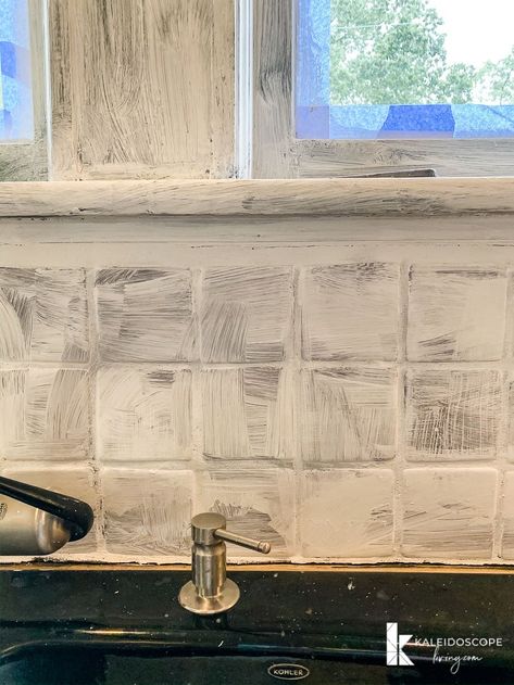 White Washing Tile Backsplash, Plaster Over Tile Backsplash, White Wash Tile Backsplash, Paint Backsplash Tile Before And After, Whitewash Tile Backsplash, Square Tile Backsplash Kitchen, Painted Tile Backsplash, Can You Paint Tile, Textured Tile Backsplash