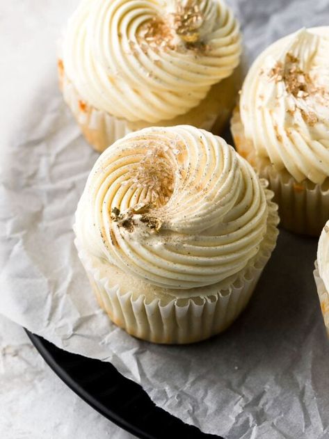 Vanilla Bean Cupcakes Moist, Vanilla Spice Cupcakes, Vanilla Bean Cupcakes From Scratch, Coffee Theme Cupcakes, Buttercream Frosting Not Too Sweet, Frosting Not Too Sweet, Moist Vanilla Cupcakes, Vanilla Bean Buttercream, Vanilla Bean Cupcakes