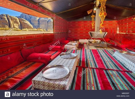 Inside traditional Bedouin tent camp, Wadi Rum Desert, Jordan Stock Photo Bedouin Style, Bedouin Tent, Wadi Rum, Style Living Room, Tent Camping, Morocco, Stock Photography, Rum, Tent