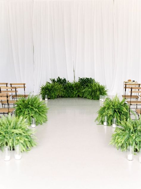 Photographer: http://www.marialamb.co | Read More: https://www.stylemepretty.com/2017/09/20/an-intimate-washington-wedding-with-modern-styling/ Fern Wedding Decor, Ceremony Decorations Church, Wedding Ceremony Decorations Church, Wedding Aisles, Wedding Ceremony Chairs, Fern Wedding, Wedding Plants, Wedding Ceremony Ideas, Ceremony Chairs