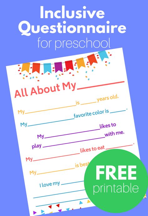 Inclusive Questionnaire for preschool Father's Day. You can pop in "Dad, Pop, a stepdad's first name, Mama, Uncle, Neighbor Bob..." anyone ! Free Printable for preschool. Preschool About Me, Letter Sorting, Teaching Empathy, Preschool Resources, Rhyming Activities, Math Center Activities, Sight Words Kindergarten, Education Kindergarten, Free Preschool