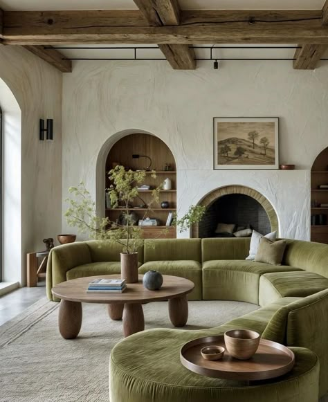 Earthy Furniture Design, Living Room Appartement Aesthetic, Biomimicry Interior Design, Japandi Maximalist, Tulum Living Room, Art Over Fireplace, Eclectic Living Room Decor, Spanish Living Room, Serene Living Room