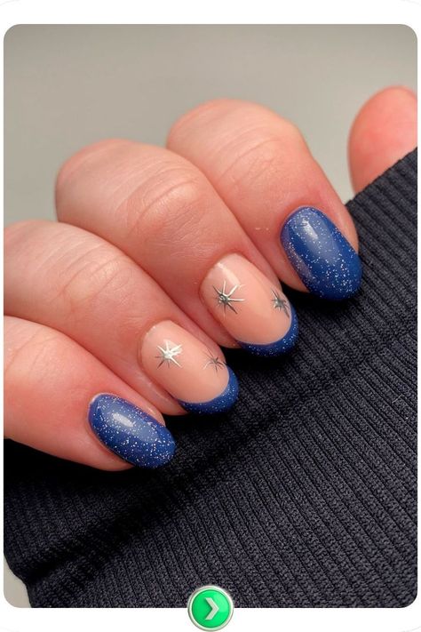 Navy ombre nails with delicate star accents, blending gradient tones with celestial art. A dreamy, whimsical gorgeous blue winter nail design for seasonal vibes. Navy Ombre Nails, Navy Blue Winter Nails, Blue Winter Nail Ideas, Blue Winter Nails, Winter Nail Design, Winter Nail Ideas, Blue Ombre Nails, Blue Winter, Celestial Art