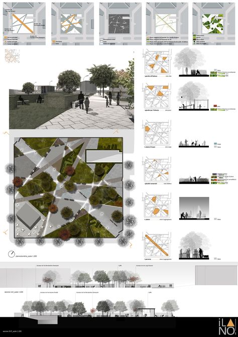 Buena manera de mostrar una plaza y el programa de esta Portfolio D'architecture, Concept Board Architecture, Presentation Boards, Architectural Presentation, Urban Landscape Design, Architecture Presentation Board, Architecture Panel, Plans Architecture, Architecture Board