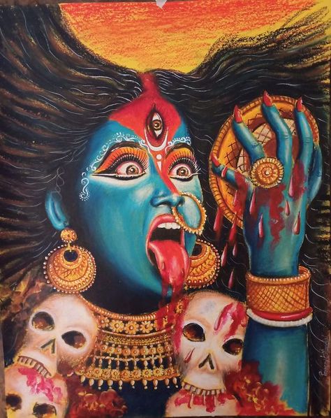 Prosenjit arts God Oil Pastel Art, Kali Drawing Art, Indian Goddess Kali Art, Kali Mata Art, Kali Ma Art, Kali Goddess Art, Kali Tattoos, Kali Art, Bird Silhouette Art