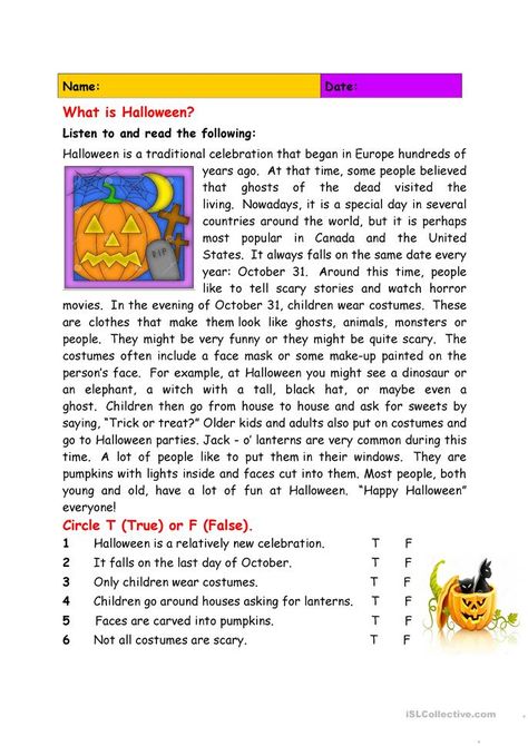 What Is Halloween About, Worksheets High School, Halloween Reading Comprehension, Halloween Worksheet, Homework Worksheets, Halloween Reading, Reading Comprehension Lessons, What Is Halloween, Halloween Worksheets