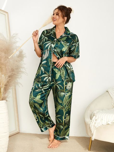 Green Elegant  Short Sleeve Satin Tropical Pant Sets Embellished Non-Stretch  Women Plus Sleep & Lounge Green Pjs, Tropical Pants, Satin Pj Set, Plus Size Pajamas, Jungle Print, Pant Sets, 25th Birthday, Pajama Party, Contrast Piping