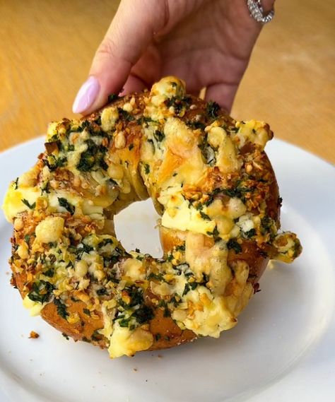 Yummy Recipe for Cream Cheese Stuffed Garlic Bread Bagel  by alexawhatsfordinner Garlic Bread Bagel, Recipe For Cream Cheese, The Best Garlic Bread, Best Garlic Bread, Stuffed Garlic Bread, Savoury Breakfast, Cream Cheese Bread, Mushroom Toast, Gluten Free Bagels