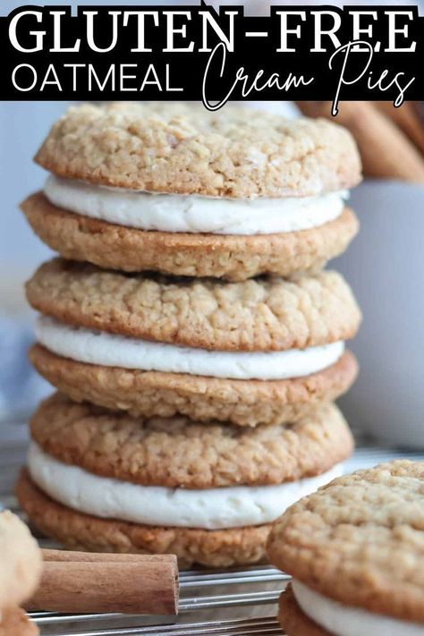 Gluten-free oatmeal cream pies are the perfect copycat version of your childhood favorite. This oatmeal cookie sandwich recipe has a sweet and salty caramel buttercream frosting sandwiched between two soft, chewy oatmeal cookies. Yum! Gluten Free Oatmeal Cream Pies, Oatmeal Cookie Sandwich, Soft Chewy Oatmeal Cookies, Oatmeal Cream Pie, Chewy Oatmeal Cookies, Cookie Sandwich Recipes, Salted Caramel Frosting, Nutella Buttercream, Salty Caramel