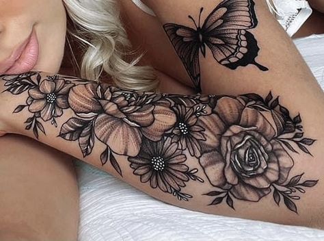 Rose Tattoo Sleeve Women, Women’s Full Arm Sleeve Tattoos, Leg Sleeves For Females Butterflies, Flower And Butterfly Tattoo Sleeve For Women, Full Stomach Tattoo Woman, Tattoo Sleeve Women Flowers And Butterflies, Women’s Flower Arm Sleeve, Stomach Tattoos Women, Rose Tattoo Sleeve