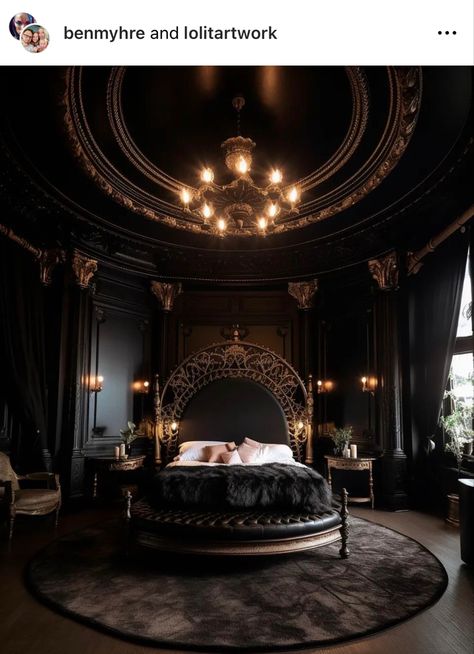 Mansion Bedroom Dark, Elegant Gothic Bedroom, Dark Fancy Bedroom, Dark Royal Bedroom, Dark Castle Bedroom, Black Bedroom Aesthetic, Beautiful Houses Inside, Mansion Bedroom, Castle Bedroom