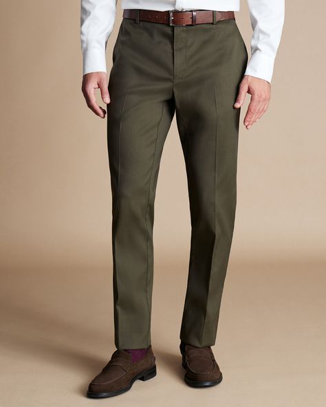 Smart Stretch Texture Pants - Olive Green | Charles Tyrwhitt Olive Pants Men, Charles Tyrwhitt Shirt, Olive Pants, Charles Tyrwhitt, Under Dress, Tailored Pants, New Details, Green Man, Olive Green