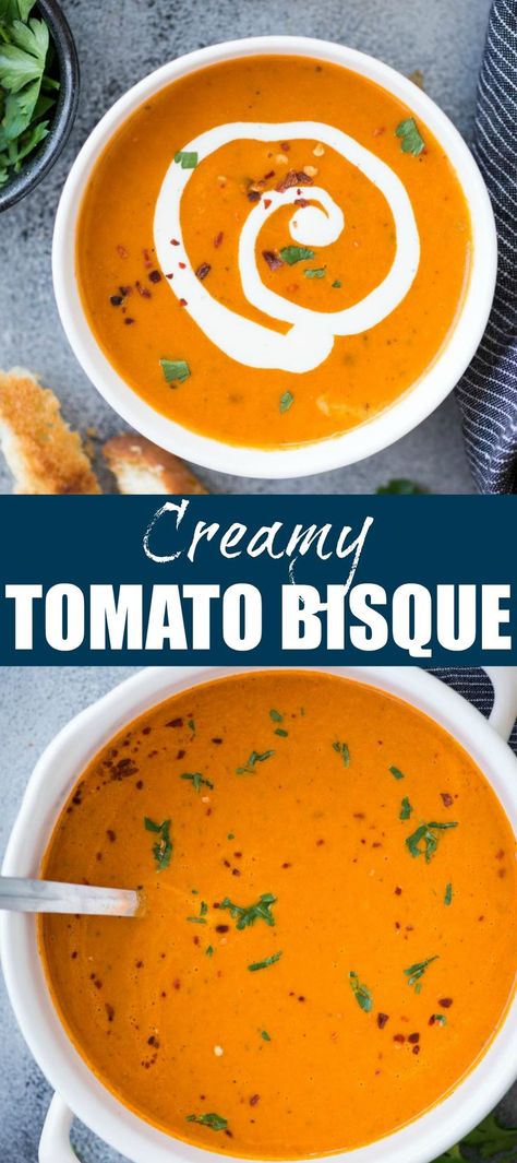 Thick and Creamy Tomato Bisque with a hint of tartness from the tomatoes, is the perfect soup for cold winter days. It is healthy, gluten-free and easy to make. Serve this with a big slice of crusty garlic cheese toast or grilled cheese. Garlic Cheese Toast, Creamy Tomato Bisque, Tomato Bisque Recipe, Tomato Bisque Soup, Bisque Soup Recipes, January Recipes, Bisque Soup, Keto Soups, Soup Ideas