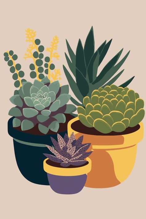 potted plants succulents flat color vector style background poster art print Western Wallpapers, Succulents Illustration, Study Environment, Cactus Graphic, Shop Drawing, Plants Succulents, Style Background, Watercolor Ideas, Plant Painting