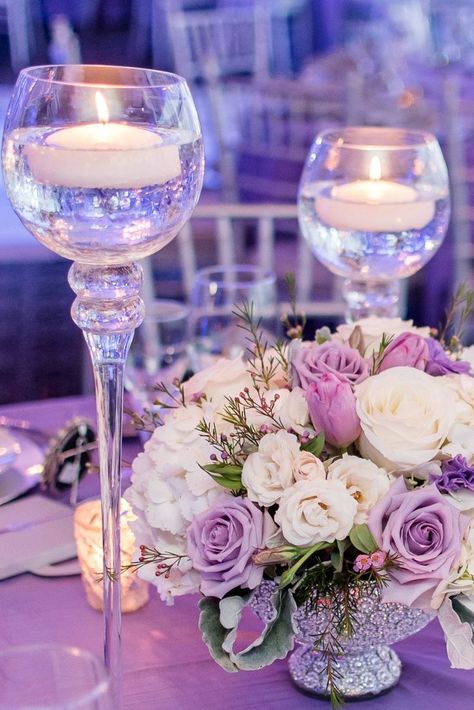 Lavender and Silver Wedding Centerpiece // romantic, low and lush, candles, floating candles Silver Wedding Centerpieces, Wedding Table Pink, Purple And Silver Wedding, Pink Wedding Centerpieces, Quinceañera Ideas, Purple Wedding Theme, Tafel Decor, Lilac Wedding, Purple Wedding Flowers