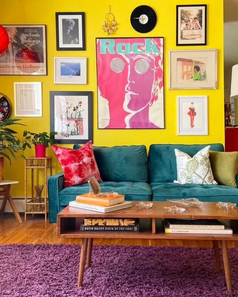 Describe your home’s style in 5 words or less: Colorful, DIY, secondhand, ’70s, arty Living Room 70s, 70s Living Room, Room Partition Wall, Colorful Apartment, Living Room Photos, Small Apartment Living Room, Living Room Partition, Apartment Aesthetic, Small Apartment Decorating