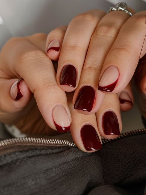 Minimalist Red Nails, Simple Cherry Nails, Cherry French Tips, Cherry Red Nail, Red Nail Ideas, Red French Manicure, Stiletto Shaped Nails, Red Tips, Nail Coat