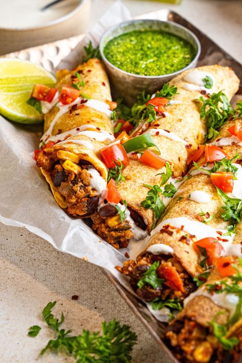 Vegan Taquitos - PlantYou Tofu Taquitos, Vegan Flautas, Taquitos Vegetarian, Vegetarian Taquitos, Vegan Spanish Recipes, Vegan Taquitos, Vegan Wrap, Veg Meals, Taquitos Recipe