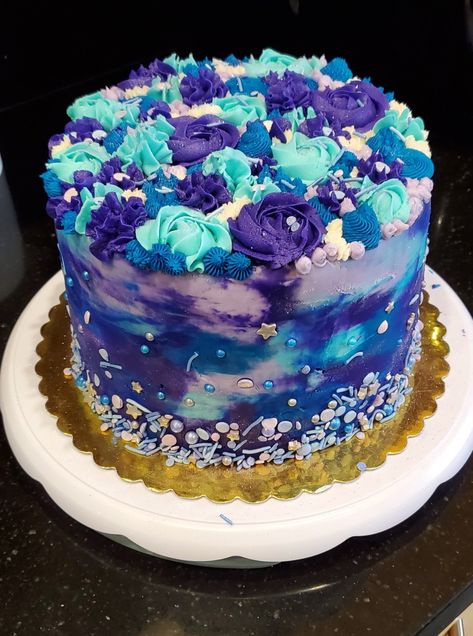 Birthday Cake Blue And Purple, Blue And Purple Cake, Blue Moon Cake, Teal Cake, Round Birthday Cakes, Lavender Cookies, 17 Birthday Cake, Galaxy Cake, Blue Frosting