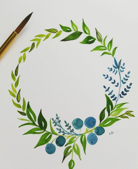 Leaf Wreath Drawing, Project Border, Wreath Painting, Painted Wreath, Fruit Wreath, Autumn Leaves Art, Letter Art Design, Watercolor Circles, Watercolor Wreath