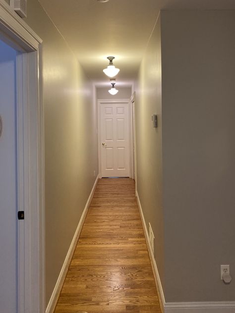 Upstairs Hallway Molding - Continued - Stefana Silber Hallway Molding Ideas, Hallway Molding, Sw Agreeable Gray, Agreeable Gray Paint, Long Hallway Ideas, Stairway Walls, Hallway Pictures, Molding Ideas, Basement Guest Rooms