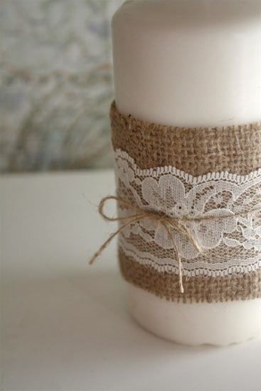 Burlap and lace Burlap Candles, Burlap Crafts Diy, Lace Candles, Burlap Ideas, Deco Champetre, Burlap And Lace, Diy Burlap, Burlap Crafts, Burlap Lace