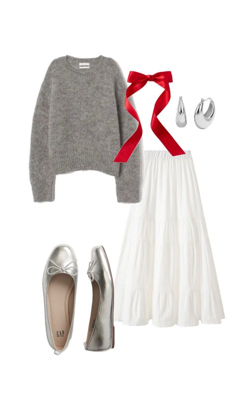 Metallic ballet flats. Red ribbon. Tiered skirt outfit. Grey sweater style Banker Outfits, Ballet Concert, Tiered Skirt Outfit, Outfit Grey, Ballet Flats Outfit, Metallic Ballet Flats, Old Outfits, Flats Outfit, Sweater Style