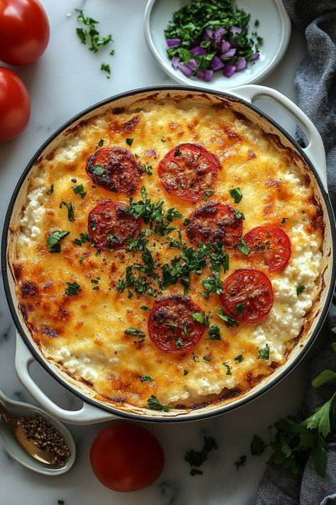 Cheesy baked casserole topped with sliced tomatoes and fresh parsley. Good Cottage Cheese Recipes, Dinner Ideas With Cottage Cheese, Cottage Cheese And Banana Recipes, Cottage Cheese And Spinach Recipes, Simple Cottage Cheese Recipes, Cottage Cheese Benefits, Cottage Cheese Dinner Recipes, Cottage Cheese Recipes Dinner, Cottage Cheese And Honey