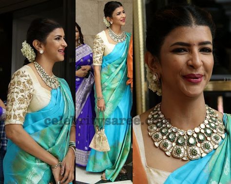 Lakshmi Manchu Turquoise Blue Saree Turquoise Silk Saree, Blue Saree With White Blouse, Turquoise Blue Saree, Manchu Lakshmi, Magenta Saree, South Indian Bride Saree, Blouse Works, Designer Sari, Blue Silk Saree