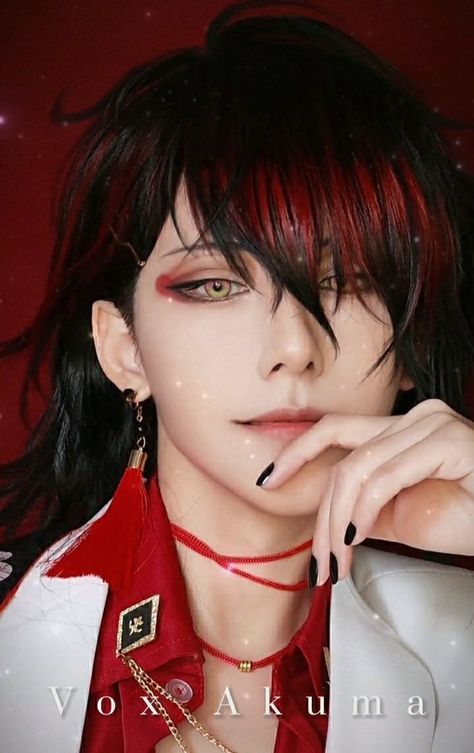 Vox Akuma Eye Makeup, Vox Akuma Cosplay, Vtuber Outfits, Vtuber Cosplay, Vox Akuma, Manga Poses, Human Reference, Male Cosplay, Best Cosplay