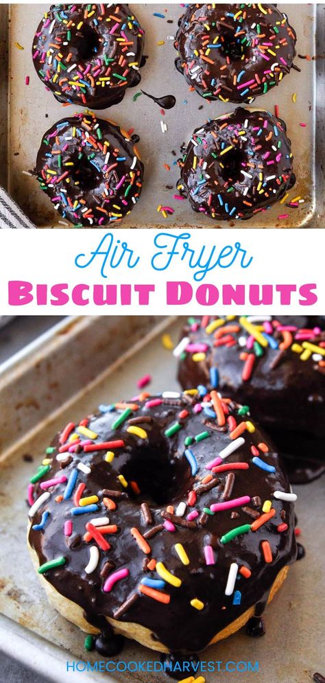 These easy Air Fryer Biscuit Donuts are flakey baked dough that are dipped into a rich, thick chocolate glaze and covered in sprinkles. Air Fry Donuts, Donuts Sprinkles, Air Fryer Donuts, Biscuit Donuts, Breakfast Donuts, Yeast Donuts, Sugar Donut, Amazing Desserts, Treats Recipes