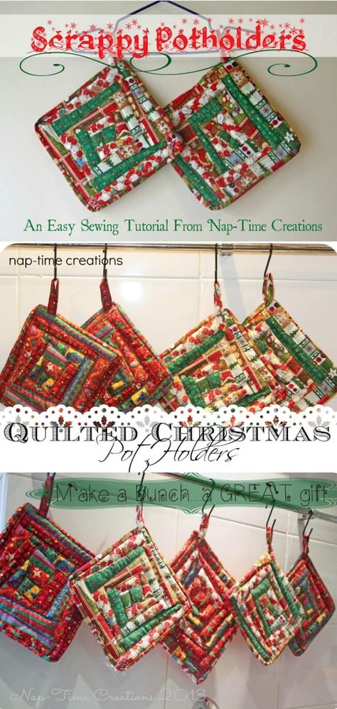 Christmas Pot Holders, Potholder Tutorial, Easy Quilting Techniques, Quilted Potholder Pattern, Sewing Gift Ideas, Christmas Potholders, Holiday Hand Towels, Christmas Sewing Projects, Quilted Potholders