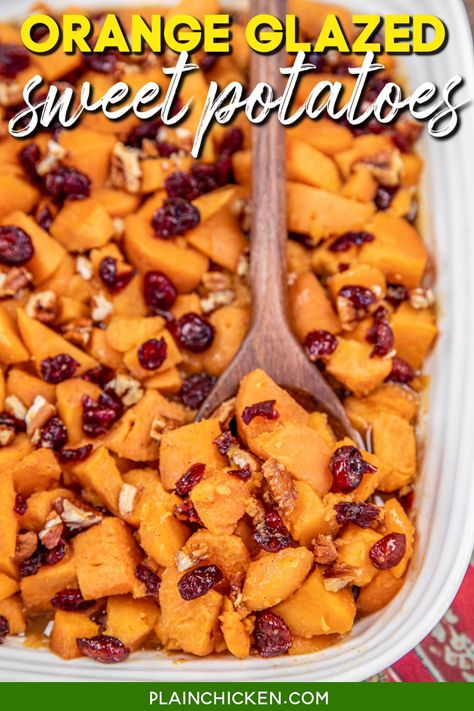 Lunch Lady Orange-Glazed Sweet Potatoes - quick and easy sweet potato casserole that is a childhood lunchroom favorite. Sweet potatoes, butter, brown sugar, orange juice, ground nutmeg, ground cinnamon, and dried cranberries. Super simple to make and tastes great. Ready to eat in under an hour. Great side dish for potlucks, holiday meals, and summer cookouts. Easy Corn Casserole, Glazed Sweet Potatoes, Sweet Potato Casserole Easy, Yam Or Sweet Potato, Potluck Side Dishes, Plain Chicken, Potluck Dishes, Holiday Side Dishes, Glass Baking Dish