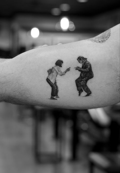 Micro realism fine line black and grey tattoo from Pulp Fiction with Uma Thurman and John Travolta dancing Fiction Tattoo, Pulp Fiction Tattoo, Partner Tattoo, Partner Tattoos, Dance Tattoo, Shape Tattoo, Muster Tattoos, Tattoo Zeichnungen, Disney Tattoo