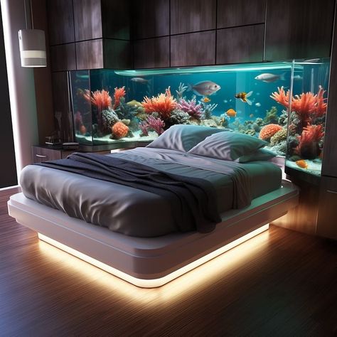 Indulge in the tranquility of our innovative bed design, featuring a seamlessly integrated aquarium at its base. Drift into a world of… | Instagram Bedroom Interior Design Luxury, Peaceful Sleep, Aquarium Design, Island Design, Colorful Fish, Cool Beds, Luxury Bathroom, Bedroom Set, Interior Design Bedroom