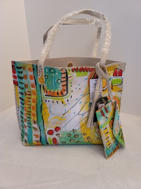 HAND PAINTED Original Funky Artwork on Vegan / Faux Leather Tote Bag with Matching Wallet Plus Gift One Of A Kind Introductory Price NWT Hand Painted Bags Handbags, Funky Artwork, Painted Canvas Bags, Hand Painted Purses, Painted Handbag, Japanese Boro, Faux Leather Tote Bag, Painted Purse, Handpainted Bags