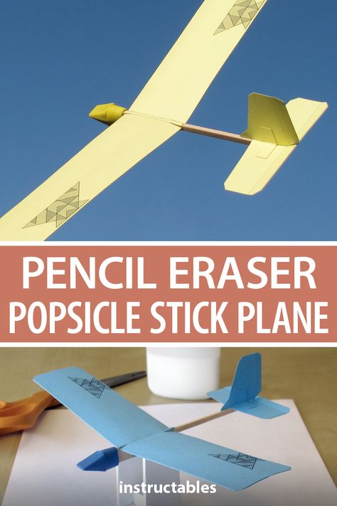 Make little toy planes that actually fly from popsicle sticks, pencil erasers, and paper parts. #Instructables #upcycle #reuse #toy #office #kids #glider #STEM Flying Decorations, Paper Glider, Airplane Diy, Recycled Bottle Crafts, Paper Rockets, Airplane Crafts, Upcycle Crafts Diy, Toy Plane, Flying Toys