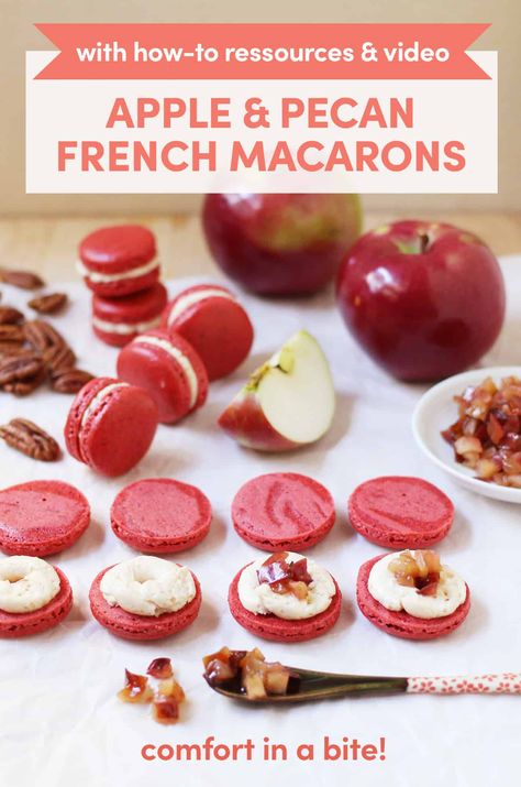 These Spiced Pecan Macarons with Caramelized Apple Buttercream bring the comforting flavors of fall baking in a bite: they taste like your favorite apple pie in a fruity, sweet package! Pecan Macarons, Apple Buttercream, Fall Macarons, Caramel Apple Dessert, Caramel Dessert, Caramel Apples Homemade, Caramelised Apples, Macaron Cookies, Apple Dessert